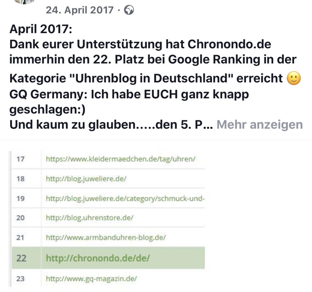 Platz 22 im April 2017 "Uhrenblogger Deutschland"